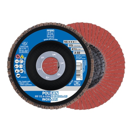 Pferd 4-1/2" x 7/8" A.H. POLIFAN Flap Disc - A-COOL SG INOX+ALU, Aluminum oxide, 60 Grit, Flat 62362
